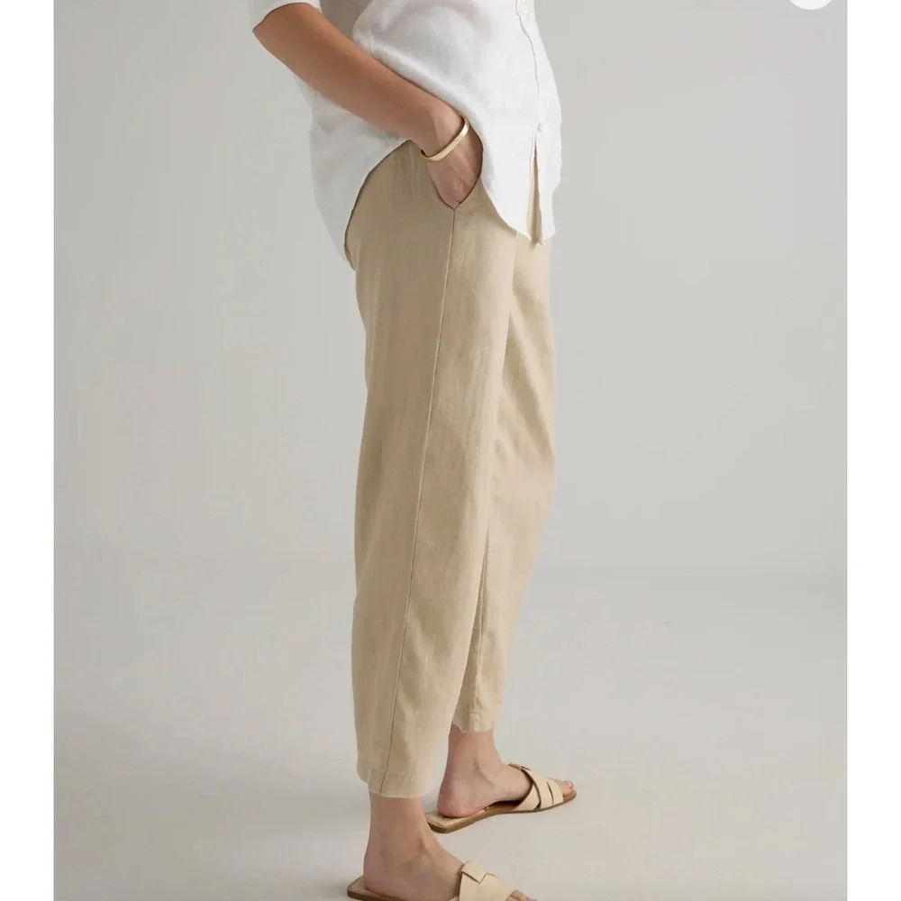 Quince Womens European Linen Wide Leg Cropped Pants Oatmeal Beige Size M